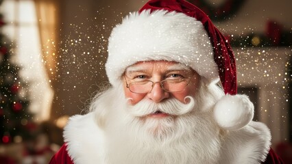 Santa Claus in a cozy living room with a Christmas tree