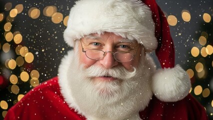 Santa Claus in festive attire with sparkling lights background