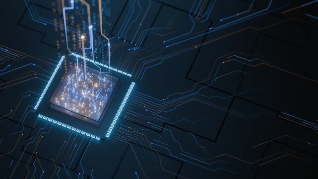 Futuristic glowing microprocessor with digital data streams for artificial intelligence, advanced computing architecture, technology innovation. Seamless loop. Created using non-AI 3d software