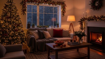 Cozy living room with Christmas tree and fireplace on a winter night
