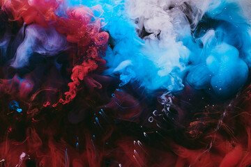 Abstract colorful smoke background. Moving flow of blue, red, white paints, fluid art