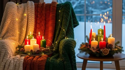 Cozy winter scene with candles and blankets by snowy window