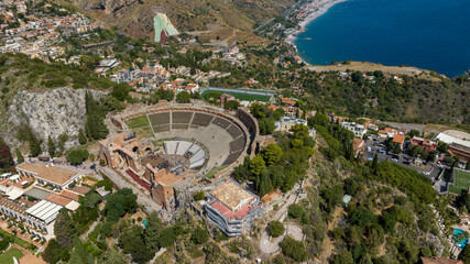 Aerial view of the theater of Taormina, in the province of Messina, Sicily, Italy. These are the...