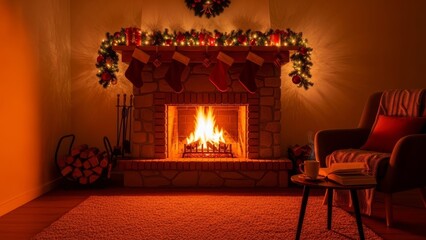 Cozy living room with crackling fireplace on a cold winter night