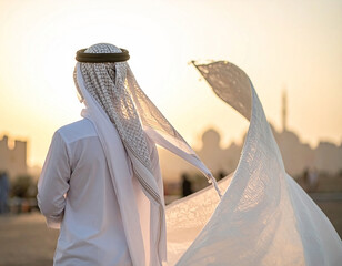 A serene moment as an Arab man in traditional white attire gazes at the golden sunset over a