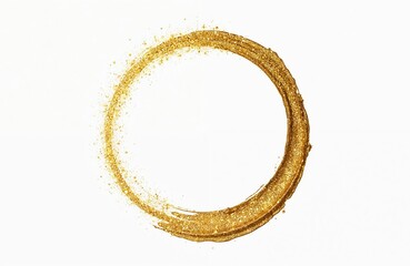Golden glittering circle isolated on white. Abstract gold frame. Round glittery paint stroke design element. Luxury golden grunge ring stamp. Decoration for banner label. Elegant art border shape