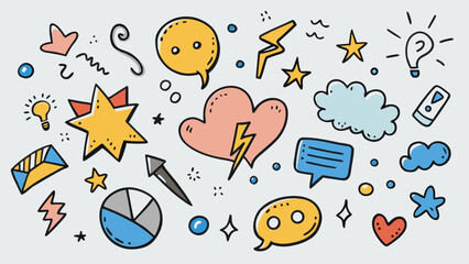 Colorful doodle illustrations featuring hearts, stars, and speech bubbles Vector