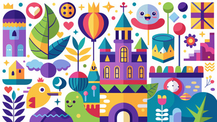 Whimsical fantasy land with colorful castle and playful characters Vector © MrRiponIslam