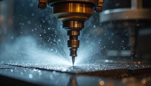 Industrial CNC machine tool precisely cuts metal workpiece with high speed. Coolant spray intensely cools workpiece surface during metal machining process. High tech auto manufacturing equipment