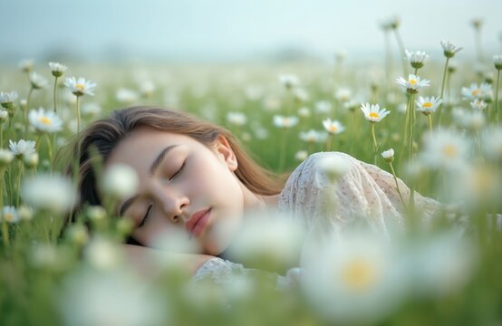 Young woman sleeps peacefully in flower field. Girl resting among blooming white daisies. Serene scene of relaxation. Concept represents health well being nature summer.