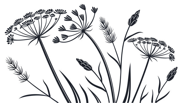 Elegant Botanical Illustration of Dill and Grass in Black and White.