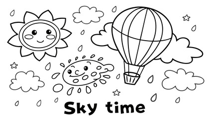 Whimsical sky time with smiling sun and hot air balloon Vector