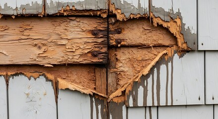 Weathered wood siding shows decay and peeling paint revealing damaged structure.