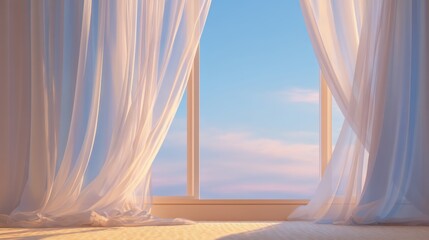 Soft sheer curtains gently draping a window frame, revealing a serene sky with pastel hues, creating a tranquil atmosphere and inviting natural light into the interior space