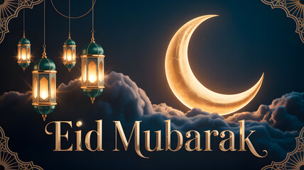 Eid mubarak golden typography greeting card with green lanterns and large glowing crescent moon
