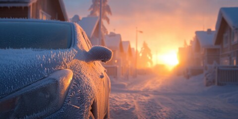 Frost-covered car parked on a snowy street at sunrise, with warm light illuminating the icy landscape and charming houses in the background, creating a serene winter atmosphere