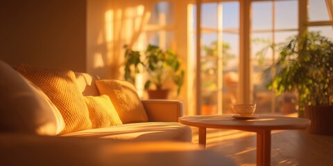 Cozy living room with warm sunlight streaming through large windows, illuminating a comfortable sofa adorned with textured cushions and a wooden coffee table with a cup