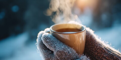Warm cup of steaming beverage held in cozy knitted gloves, surrounded by a serene winter landscape, evoking feelings of comfort and tranquility in a chilly atmosphere