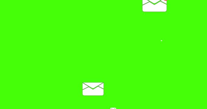 animation features multiple email envelope icons, some with red notification badges, appearing and accumulating across a bright green screen. It visually represents the constant influx of digital comm