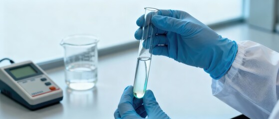 A scientist in a laboratory holding a test tube with a liquid sample. Close-up of hands in blue gloves conducting a medical or chemical experiment for research and development