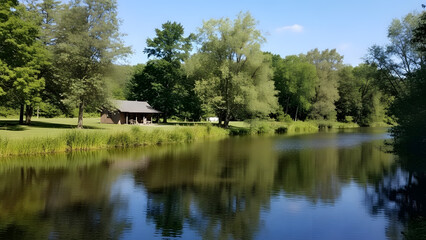 Peaceful house by a lake surrounded by trees