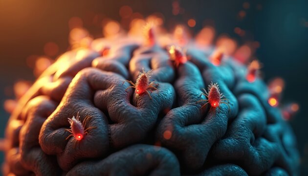 Human brain shows glowing red parasites on surface. Microscopic organisms crawl on neural tissue. Visualizes brain infection, disease progression, mental health illness. Represents neurological