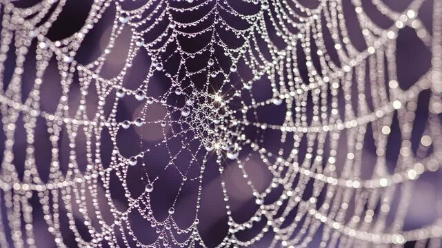 Macro view of a spider web covered in morning dew drops. Intricate cobweb pattern with water droplets against a purple background. Nature detail concept