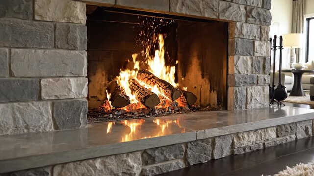 A cozy fire burning in a stone fireplace. Close-up of logs and flames in a modern living room. Warm and comfortable home interior concept