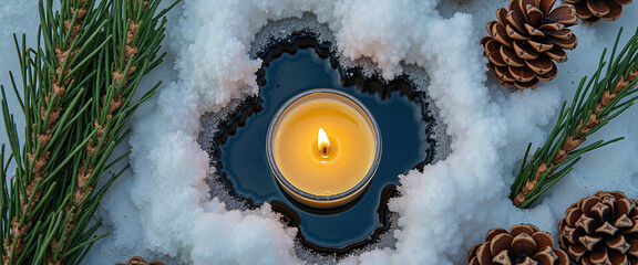 Candle flickering in snow surrounded by pine cones and branches  