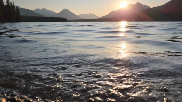 Tranquil lake at sunset with mountains in the background