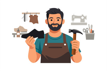 Male cobbler crafting shoe with tools in workshop