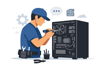 Male technician repairing computer hardware with tools
