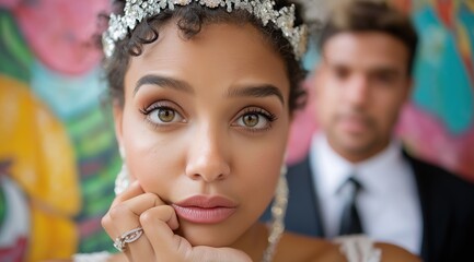 Beautiful woman in bridal tiara with ring on hand looking at camera and blurred man in background for wedding concept.