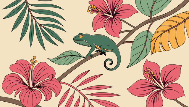 Tropical Chameleon Illustration with Hibiscus Flowers and Palm Leaves.
