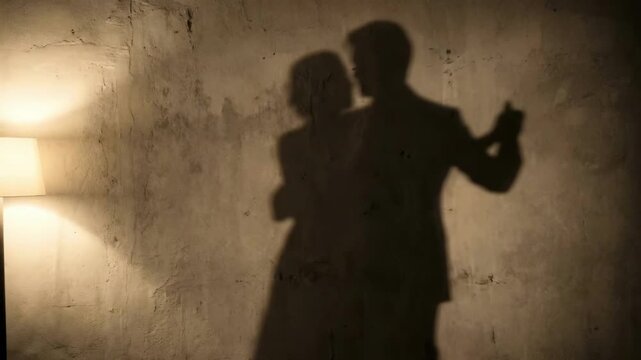 Passionate 4K Couple Dancing Shadow Silhouette on Vintage Textured Wall with Dramatic Lighting