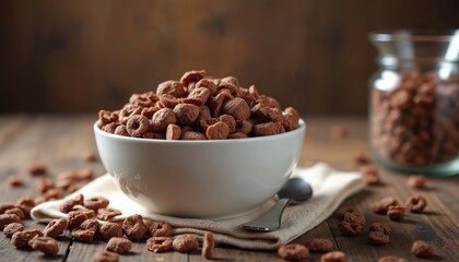 Chocolate cereal in white bowl. Breakfast concept with sweet crunchy flakes on wooden surface. Healthy snack for morning meal. Food photo with delicious ring and ball shaped cereal.