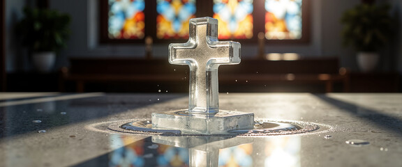 Crystal cross on altar with stained glass background in church, Concept of Theophany  