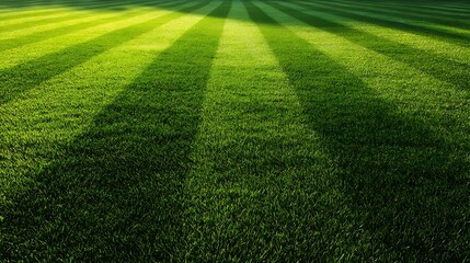 Close-up of evenly striped green grass field, showcasing contrasting light and shadow