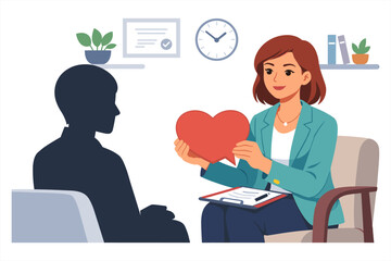 Female therapist holding heart symbol during counseling session with male client