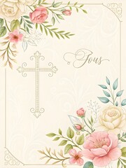 Elegant floral design with cross and Tous text on cream background