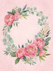 Beautiful floral wreath with pink peonies and green leaves on soft pink background