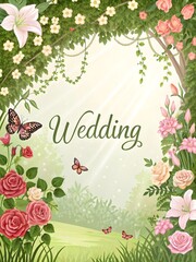 Beautiful wedding floral arch with butterflies and roses