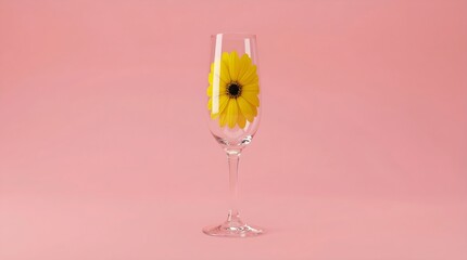 A surreal scene unfolds absurdly as a single yellow flower floats in a champagne glass on a soft pink background