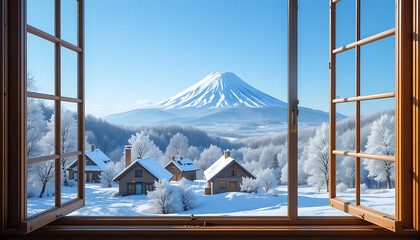 Snowy village view from window with mountain landscape