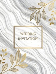 Elegant wedding invitation card with gold leaves on marble background