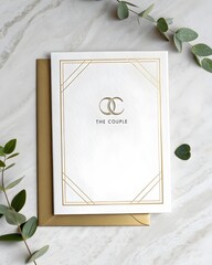 Elegant wedding invitation card with gold accents and envelope on marble background