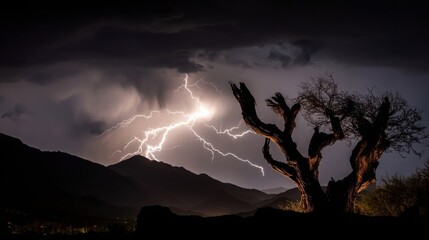 Jagged lightning illuminates stark silhouette trees against stormy mountains at night