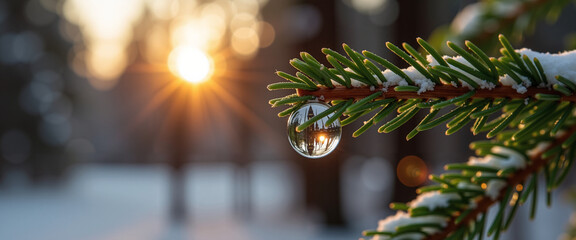 Snow-covered pine branch with sunlight shining through trees  