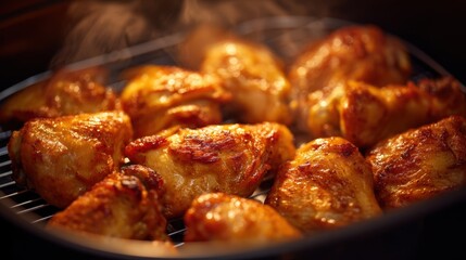 Grilled chicken pieces on a barbecue rack, glistening with marinade, surrounded by smoke, showcasing deliciously cooked meat ready for serving at a summer gathering or outdoor event
