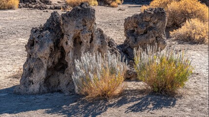 Jagged volcanic rock formations with sparse arid vegetation under bright sunlight
